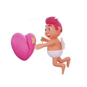 3D illustration of Valentine Cupid character flying and fixing a broken heart with a bandage, perfect for Valentine or love themed projects