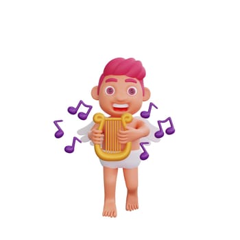 3D illustration of Valentine Cupid character playing a golden harp, surrounded by floating musical notes, perfect for Valentine or love themed projects