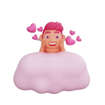 3D illustration of Valentine Cupid character relaxing on a cloud surrounded by floating hearts, depicting a state of utter joy and love, perfect for Valentine or love themed projects