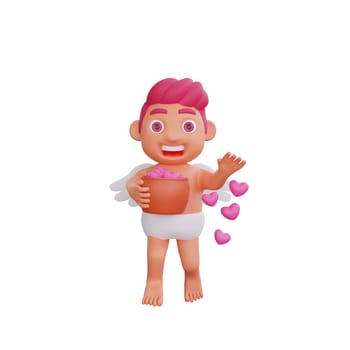 3D illustration of Valentine Cupid character joyfully shares hearts from a pot, perfect for Valentine or love themed projects