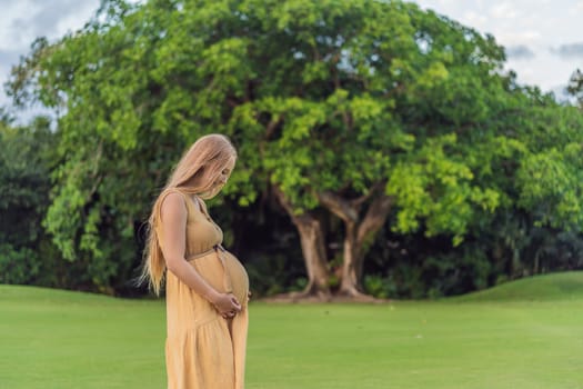 Tranquil scene as a pregnant woman enjoys peaceful moments in the park, embracing nature's serenity and finding comfort during her pregnancy.