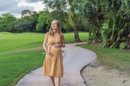 Tranquil scene as a pregnant woman enjoys peaceful moments in the park, embracing nature's serenity and finding comfort during her pregnancy.