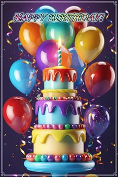 Birthday cake with burning candle and colorful balloons on background.Birthday cake with candles, balloons and confetti.Vector illustration.Happy birthday cake.