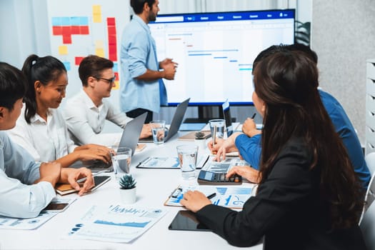 Project manager communicate and collaborate with team using project management software display on monitor, tracking progress of project task and making schedule plan at meeting table. Prudent