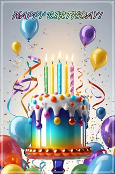 Birthday cake with burning candle and colorful balloons on background.Birthday cake with candles, balloons and confetti.Vector illustration.Happy birthday cake.