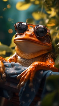 A fashion-forward frog donning sunglasses, chilling amidst lush greenery.