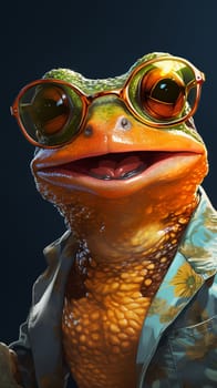 A dapper-looking frog with reflective sunglasses, adorned in a floral outfit.