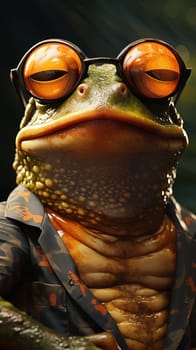 A haughty frog in reflective sunglasses, wearing a floral dark shirt.