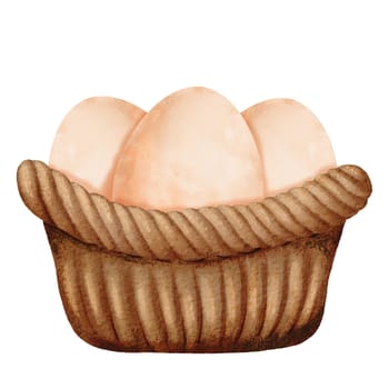 Watercolor artwork depicting a brown wicker basket filled with fresh eggs. A simple and rustic composition, for conveying the charm of farm-fresh produce. for various designs, Easter-themed projects.