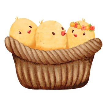 Brown woven basket with adorable little chicks inside. Watercolor illustration with the charm of newborn chicks in a rustic setting. for conveying a heartwarming farm atmosphere. for cards, and prints.