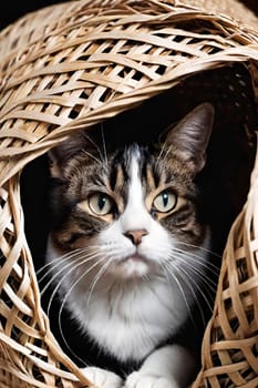 Portrait of a cute cat in a wicker basket.Beautiful cute cat in a wicker basket on background.