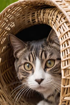 Portrait of a cute cat in a wicker basket.Beautiful cute cat in a wicker basket on background.