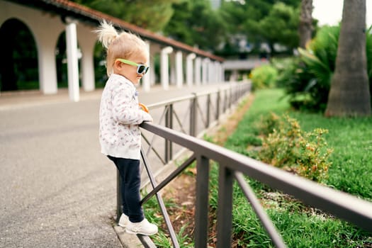 Little girl in sunglasses stands on a fence and looks at the grass. High quality photo