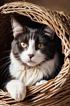 Portrait of a cute cat in a wicker basket.Beautiful cute cat in a wicker basket on background.