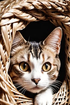 Portrait of a cute cat in a wicker basket.Beautiful cute cat in a wicker basket on background.