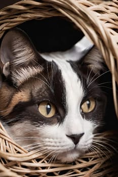 Portrait of a cute cat in a wicker basket.Beautiful cute cat in a wicker basket on background.