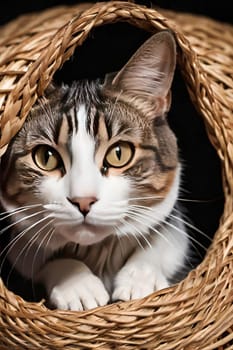 Portrait of a cute cat in a wicker basket.Beautiful cute cat in a wicker basket on background.