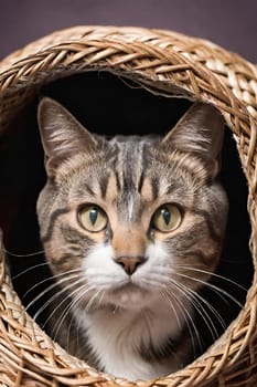 Portrait of a cute cat in a wicker basket.Beautiful cute cat in a wicker basket on background.