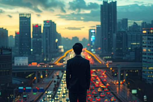 A Chinese business man in suit stands with city traffic and cityscape in the background at sunset.