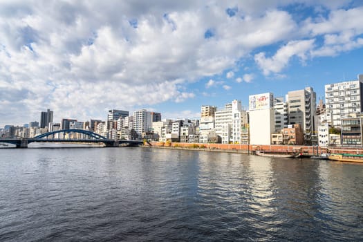 Tokyo, Japan. January 2024.  Panoramic view of the Sumida River in the city center