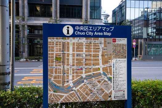 Tokyo, Japan. January 2024. the street map of the Chuo district on a street in the city center