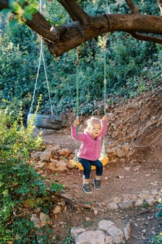 Little girl swings on a rope swing tied to a tree in the forest. High quality photo