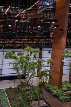 Indoor trees Modern interior design in European Solidarity Centre Gdansk Poland. Biophilia design connecting with nature green areas. Modern abstract museum in Europe. Travel destination tourist attraction