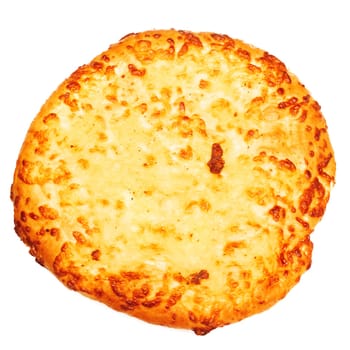 Pizza with baked cheese closeup, isolate on a white background