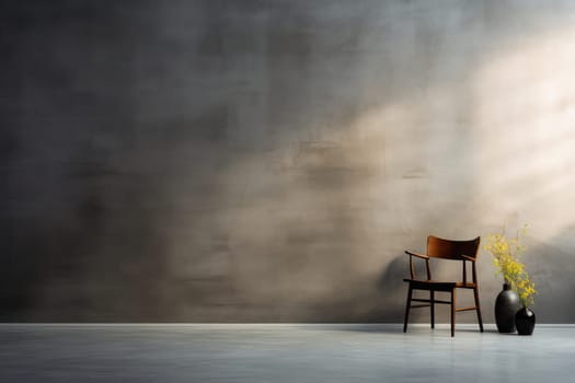Lonely Vintage Armchair in Empty Rustic Living Room on Grunge Wood Floor with Dark Concrete Wall Background