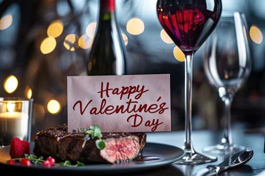 Valentines Day supreme luxurious dinner of steak and wine in restaurant pragma