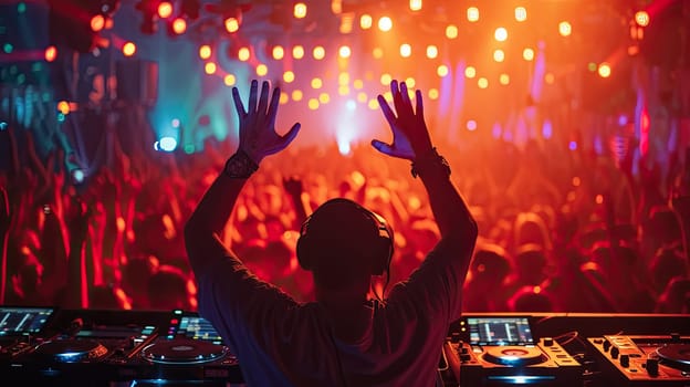 Dj playing live music on a a night club with hands up.