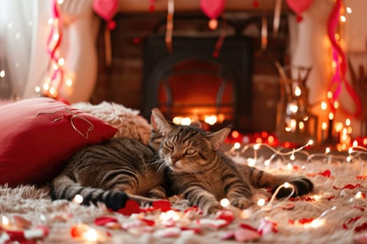 A couple of happy kittens cats together in a cozy room. Kittens loving each other. Adorable cat hugs for Valentine's Day. pragma