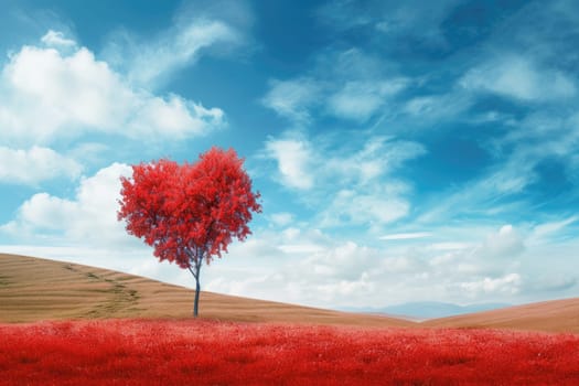 red tree of love in red flower field pragma