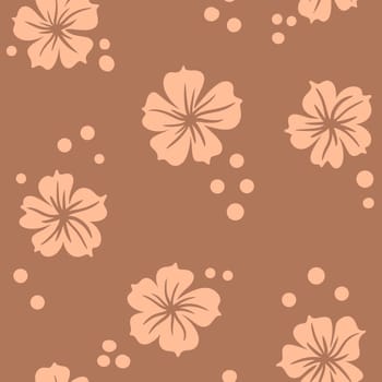 Hand drawn seamless pattern with floral flowers. Peach fuzz apricot orange ornament, simple retro pastel garden print with vintage ditsy elements. Color of the year design, trendy fabric background