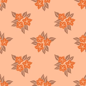 Hand drawn seamless pattern with floral flowers. Peach fuzz apricot orange ornament, simple retro pastel garden print with vintage ditsy elements. Color of the year design, trendy fabric background
