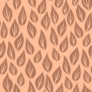 Hand drawn seamless pattern with leaf leaves. Peach fuzz apricot orange ornament, simple retro pastel garden print with vintage ditsy elements. Color of the year design, trendy fabric background, boho botanical art