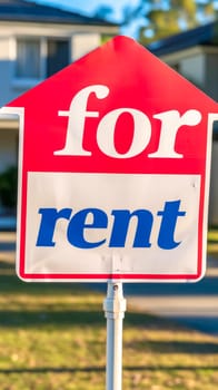 A vibrant red 'for rent' sign with bold white and blue lettering, prominently displayed on a stand with a softly blurred residential home in the background, vertical