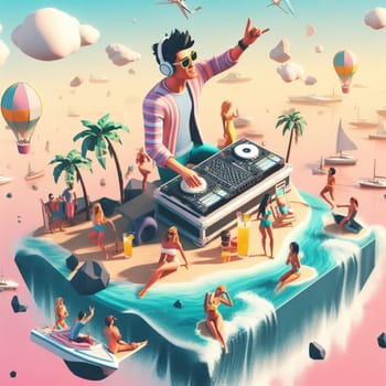 young deejay, wear glasses earphone hosting dj set at crowded beach party tropical island isometric ai generative ai art