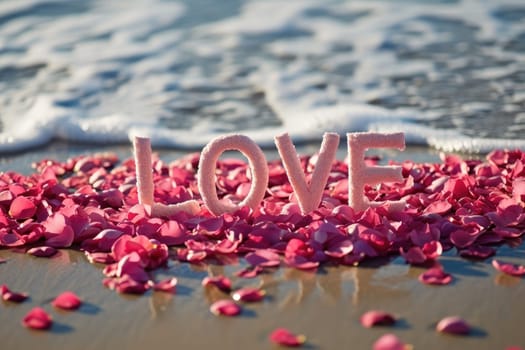 romantic beach of love rose petals on the coastline wide view pragma