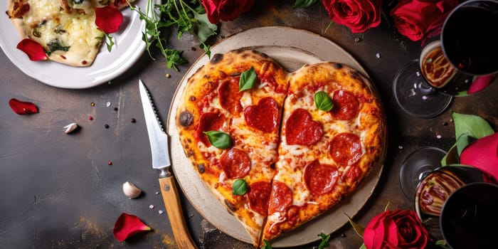 Heart shaped pizza for Valentines day on dark rustic wooden background pragma