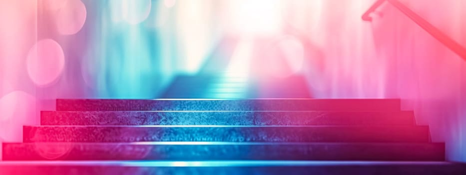 A captivating staircase bathed in a gradient of pink to blue light, with a dreamlike bokeh effect, creating a path that leads upwards to an unknown destination. banner with copy space