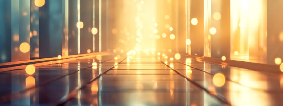 A mesmerizing corridor awash in a golden glow, with a bokeh light effect that creates a sense of warmth and an inviting path that leads towards a luminous end, banner with copy space