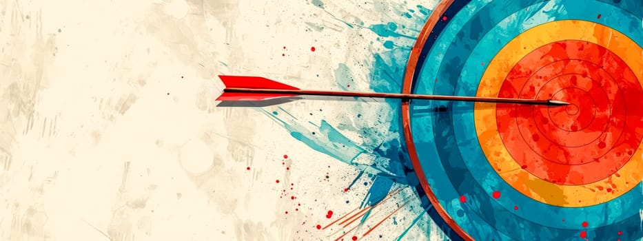 arrow hitting the bullseye on a colorful target, with a splatter paint effect that adds a dynamic and creative touch to the scene. banner with copy space