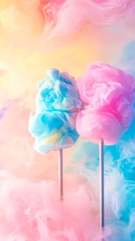 Whimsical candyfloss on sticks, colored in dreamy pink and blue hues, floats amidst a soft, pastel-colored smoke, creating a magical and playful atmosphere, vertical