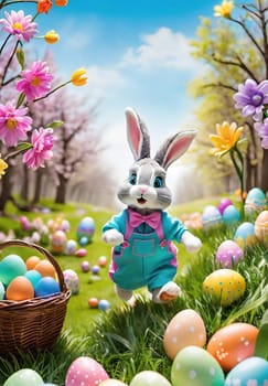 Easter bunny with basket of colorful eggs and flowers in the garden.Easter bunny with basket of easter eggs and flowers.Easter bunny with basket of eggs and spring flowers on the meadow.Vector illustration.Vector illustration of Happy Easter bunnies with basket full of eggs.