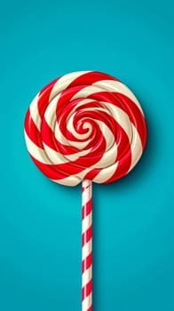 A vibrant red and white striped lollipop stands out against a bright turquoise background, creating a playful and appealing visual with a clear space for text or additional graphics, vertical