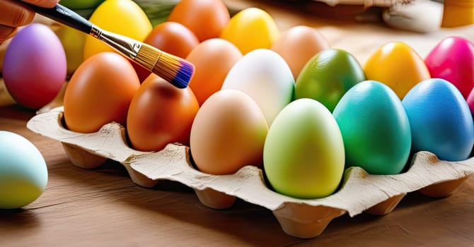 Banner, Easter concept. Multi-colored Easter eggs in a tray close-up. A woman's hand with a brush paints eggs for the holiday. With my own hands.