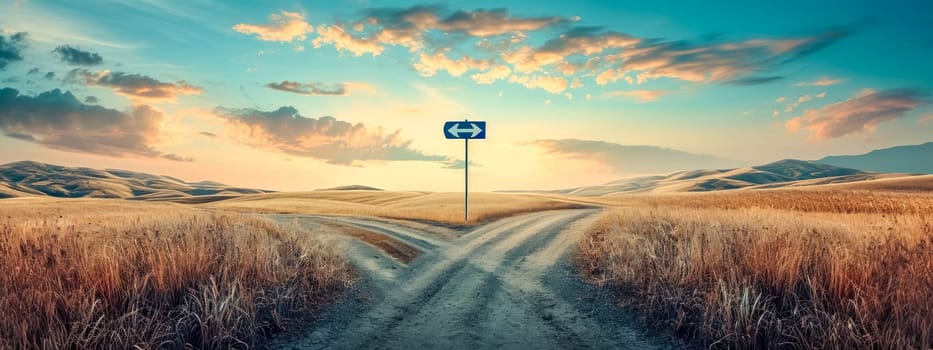 A symbolic scene at a rural crossroads, where two diverging dirt paths split under a directional sign against a backdrop of rolling golden hills and a captivating sky at sunset, banner