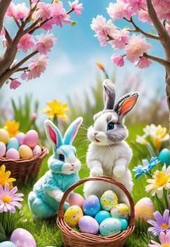 Easter bunny with basket of colorful eggs and flowers in the garden.Easter bunny with basket of easter eggs and flowers.Easter bunny with basket of eggs and spring flowers on the meadow.Vector illustration.Vector illustration of Happy Easter bunnies with basket full of eggs.