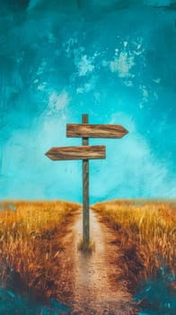 wooden signpost with blank directional arrows at a fork in a rural path, set against a striking turquoise textured backdrop, symbolizing choice and direction, vertical